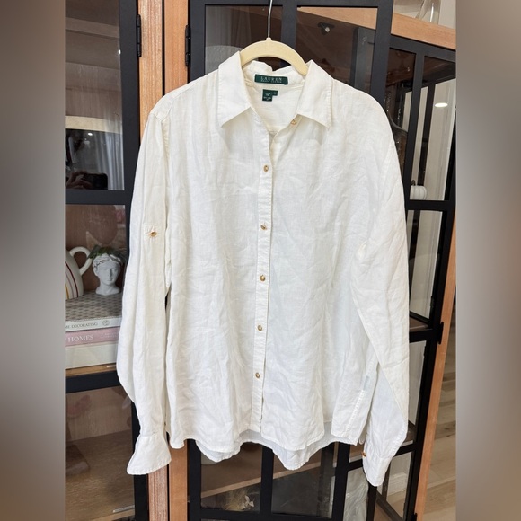Vintage Ralph Lauren linen button down shirt embroidered monogram logo collar - Picture 2 of 12